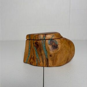 Burl Wood Jewelry Keepsake Box Turquoise Color Inlay Handmade Judy Abbot